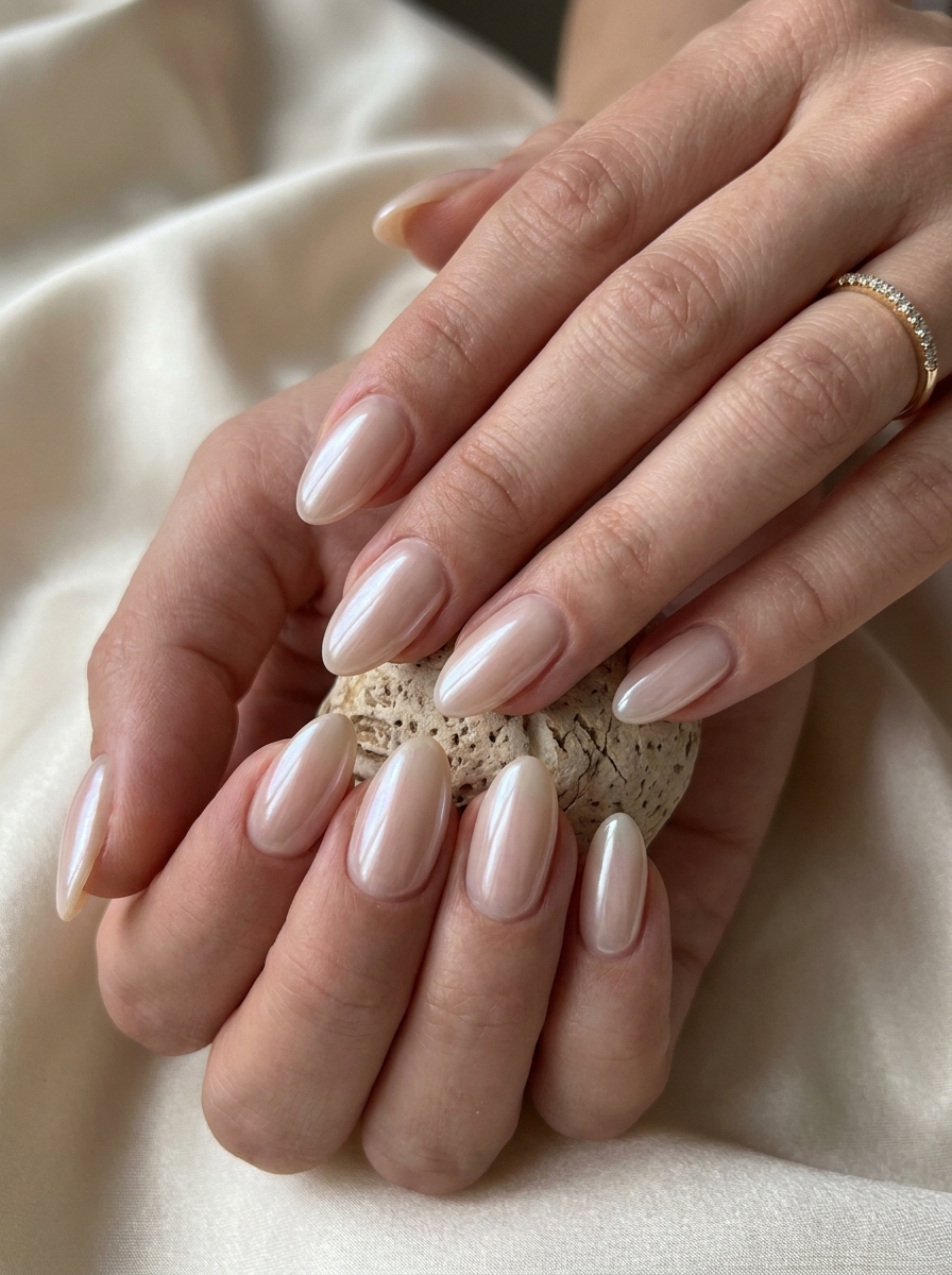 Nude Nägel mit feinen Goldlinien